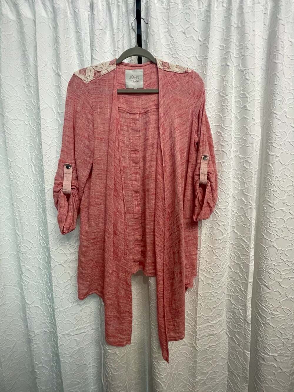John Mark Open Front Draped Cardigan Large Pink Lace Inset Boho Wrap Women